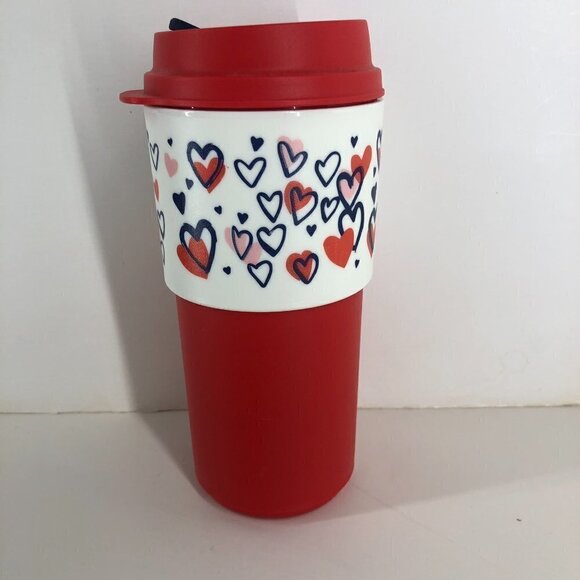 Tupperware Heart to Heart Red White Eco Cup To Go with Extra Lid Sz 490mL/16 oz - Picture 4 of 13